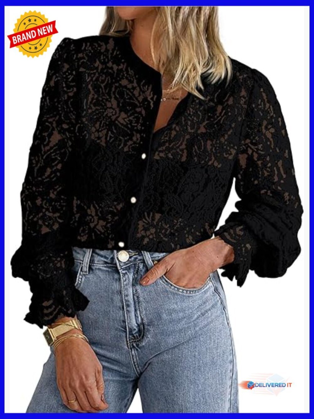 Women's Dressy Casual Lace Blouse Long Sleeve Button Up Shirt Top